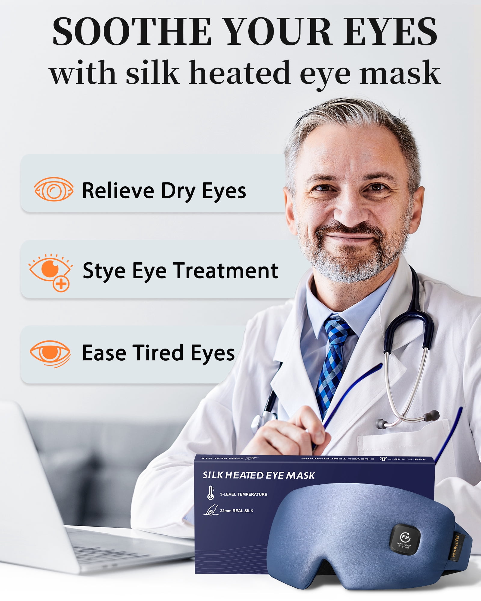 FACEMOON Silk Warm Eye Mask for Dry Eyes Comfort Cordless Moist Heat Therapy Washable Travel Blue