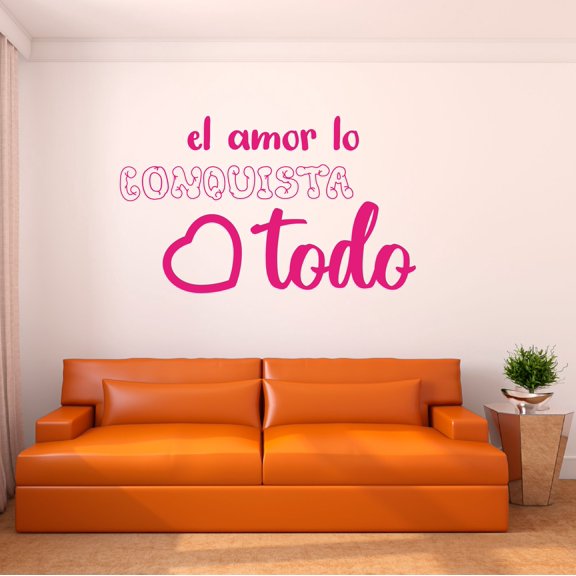 Spanish Wall Decals for Family Living Room - El amor lo conquista todo Love Conquers All Classic Lettering in Spanish Home Wall Sticker - Size: 20 In x 12 In