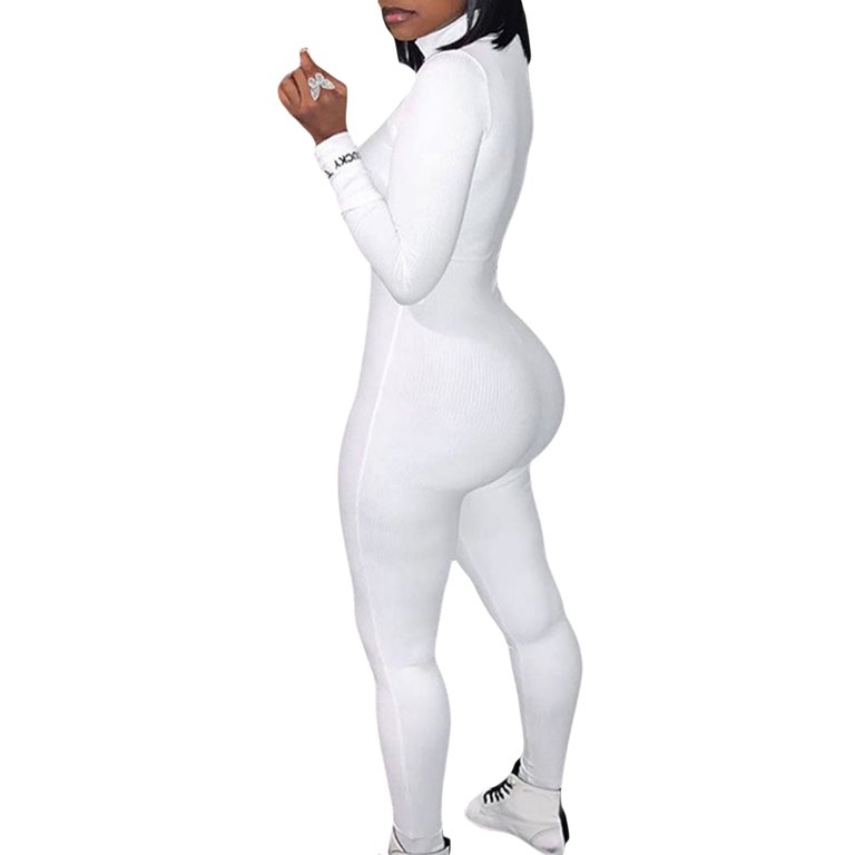 One Piece Bodysuit for Women Long Sleeve Full Ribbed Bodysuit Jumpsuit High  Waist Solid Color Zip Up Yoga Romper Clubwear