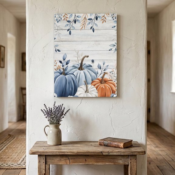 Ships Next Day Canvas Wall Art 16"x20",Blue Thanksgiving Fall Wood Framed Canvas Print Painting,Blue Pumpkin Eucalyptus Wood Grain Ready to Hang Picture Wall Decor for Home Bedroom Living Room Dining