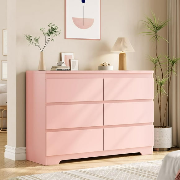 Modern White 6 Drawer Dresser, Simply Modern Chest of Drawers, 6 Drawer Dressers for Clothes Storage for Bedroom, Wood Storage Double Dresser for Bedroom, Living Room, Entryway