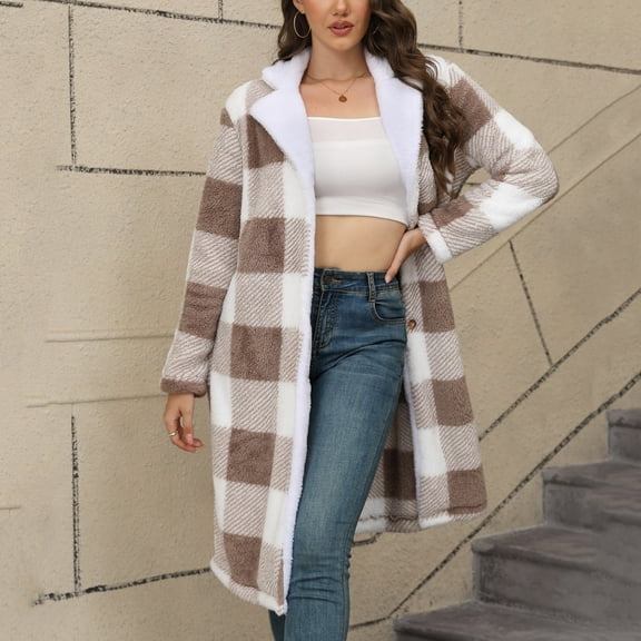 Fanxing Women Plaid Flanel Long Jackets Faux Fur Fleece Teddy Coat Fall Winter Warm Open Front Sherpa Coat Khaki 2XL