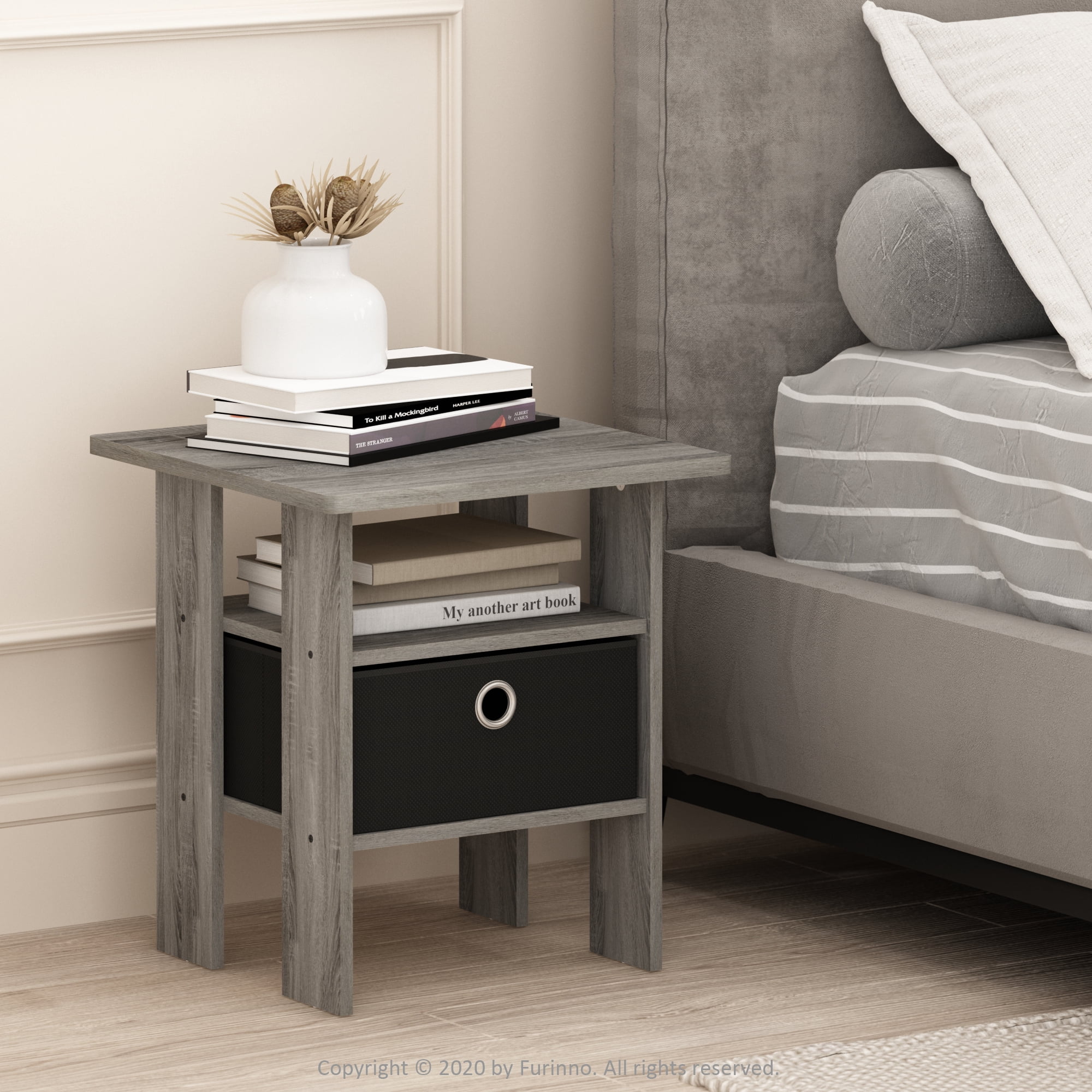 Furinno 2 Petite End Table Bedroom Night Stand - Set of Two, Gray/Black