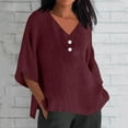 thumbnail image 5 of Linen Shirts for Women, Summer Seven Quarter Sleeve V-Neck Solid Loose T Shirt, Red XL, 5 of 5
