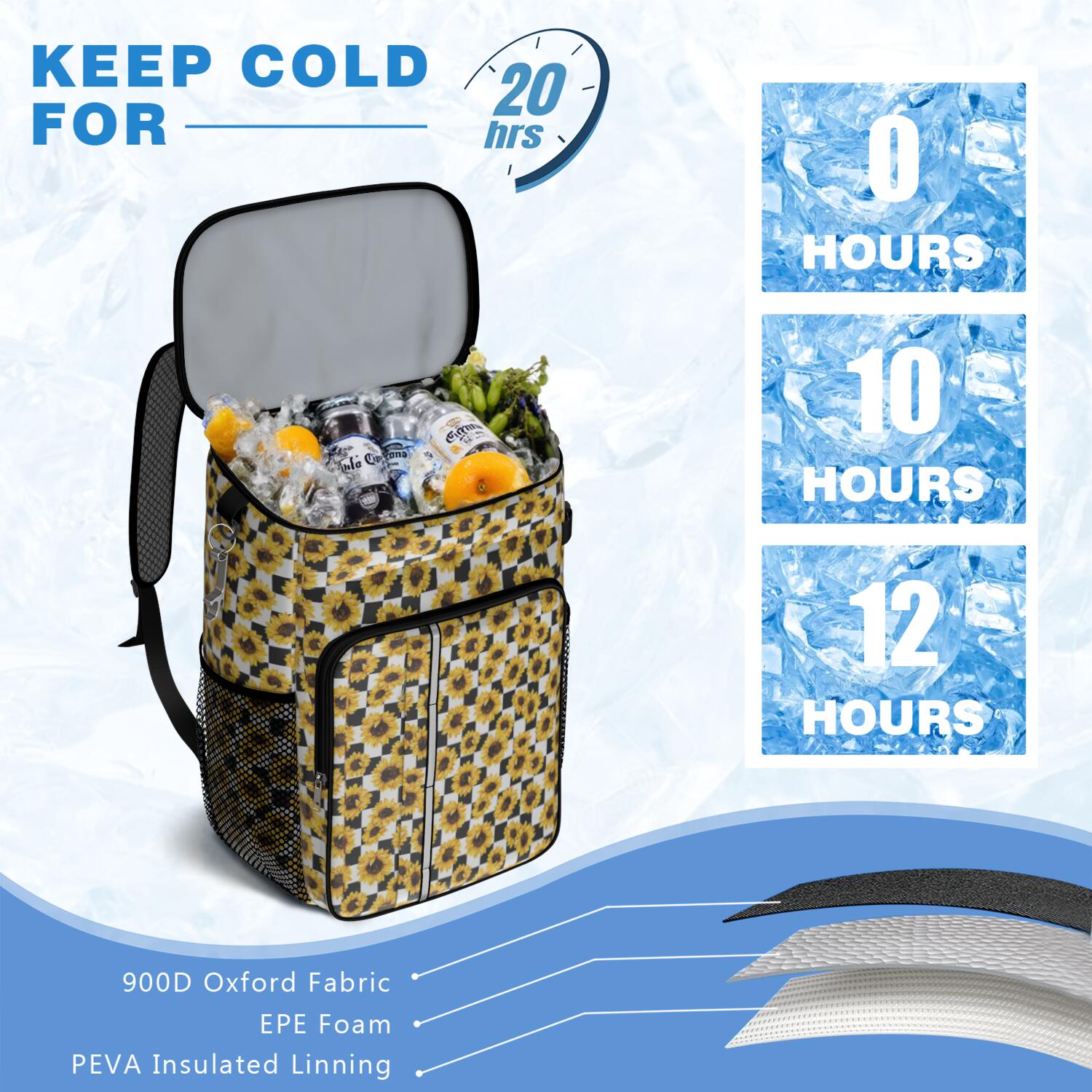 Travel Cooler Bag - Black and White CheckeSunflower Camping Beer Cooler Backpack with Bottle Opener- Waterproof Insulated Picnic Backpacks - Cooler Bag for Beach
