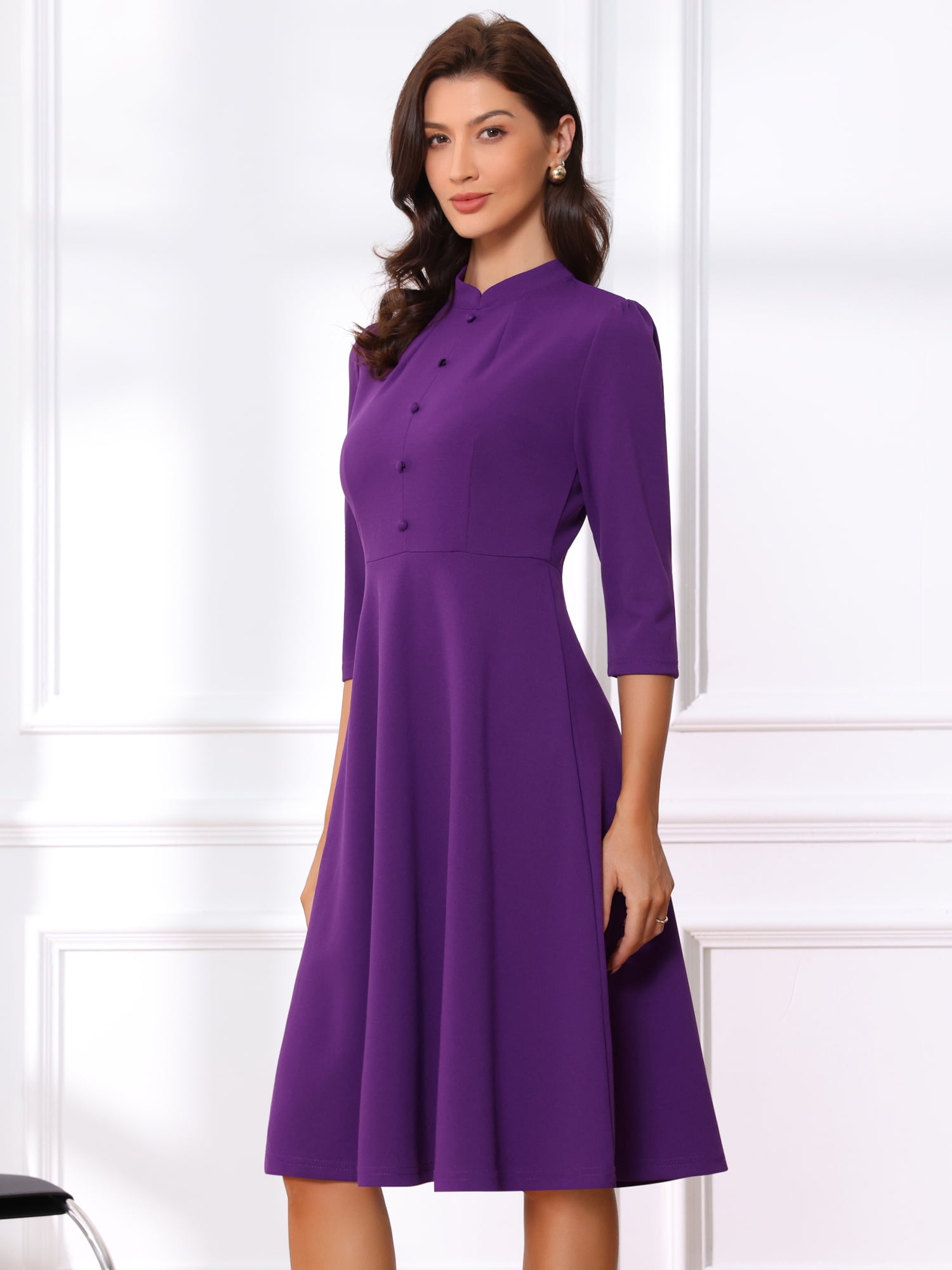 DARING DIVA Women's Vintage 3/4 Sleeve Church Semi Fit and Flare Dress XS Deep Purple