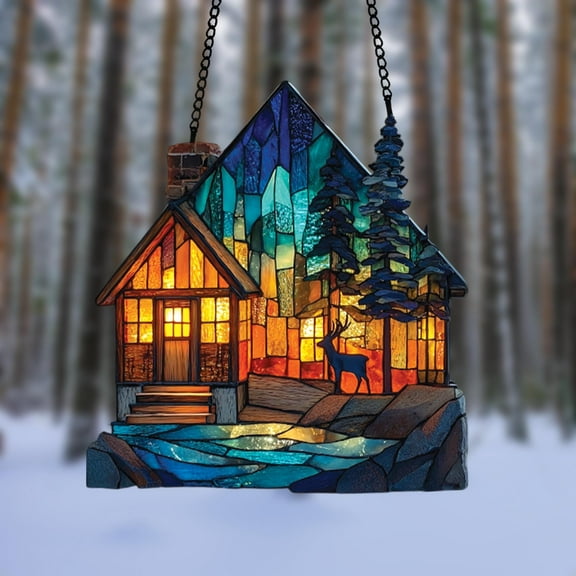 Winter Cabin ACRYLIC Suncatcher - Faux Stained Glass Window Hanging with Deer, Pines & Fireplace Glow - Rustic Lodge Decor Gift