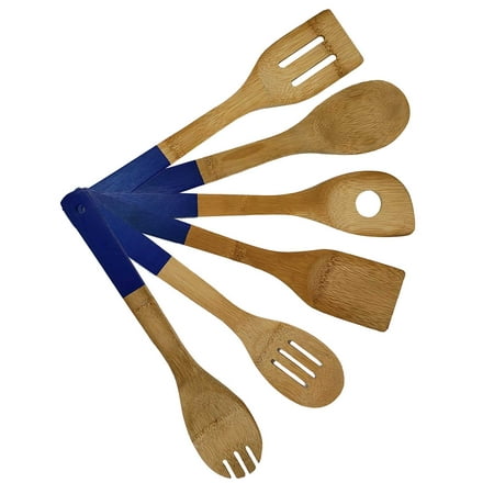 6 Pc Durable Bamboo Wooden Utensil Set Non Scratch, Bacteria Resistant Perfect for Nonstick Pots and Pans Cookware (Solid Slotted Turner Spatula Mixing Fork Slotted (Best Spatula For Nonstick Cookware)