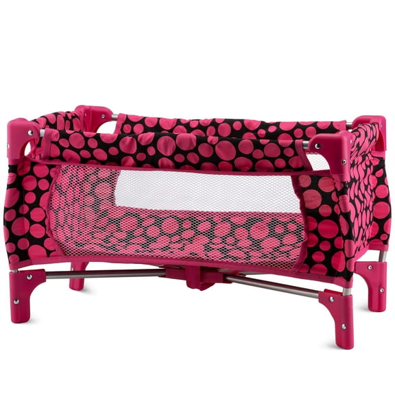 HUSHLILY Baby Doll Playpen Toy Crib with Mattress and Carry Bag - Pink & Black Polka Dots