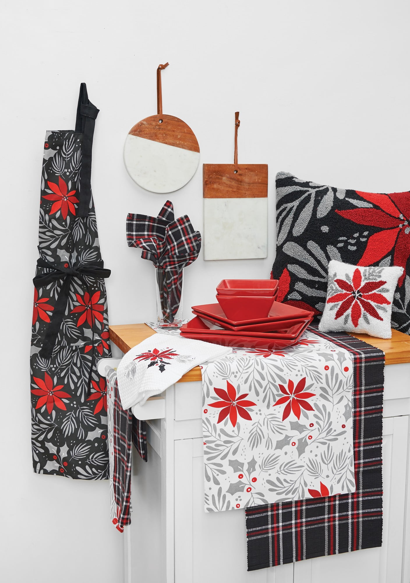 Black and Red Poinsettia Christmas Cotton Cooking Apron, One Size Fits Most