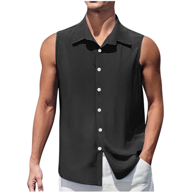 fheaev Débardeurs d'Entraînement pour Hommes en Coton Lin Boutons Cardigan Sans Manches Chemises de Musculation Chemises de Plage pour Musculation Gym Entraînement Physique Col Rabattu Tee-Shirts de Sport Vacances d'Été