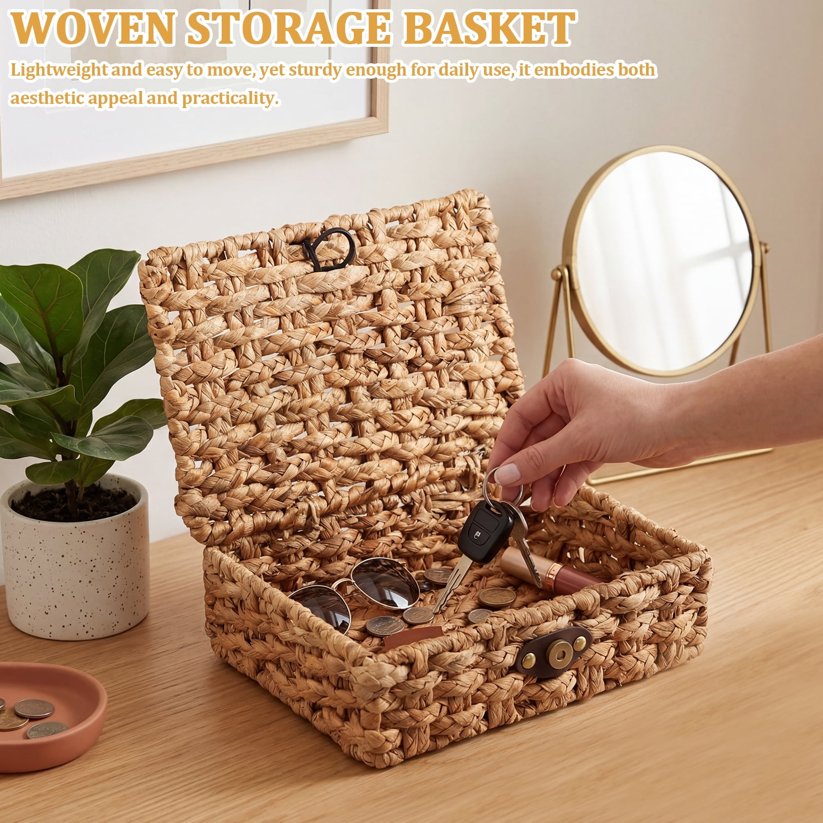 Ihvewuo Decorative Box with Lid Treated Gourd Grass Storage Basket Treated Gourd Grass Woven Decorative Box for Shelf Coffee Table Console Table Home Decor (Large or Small)