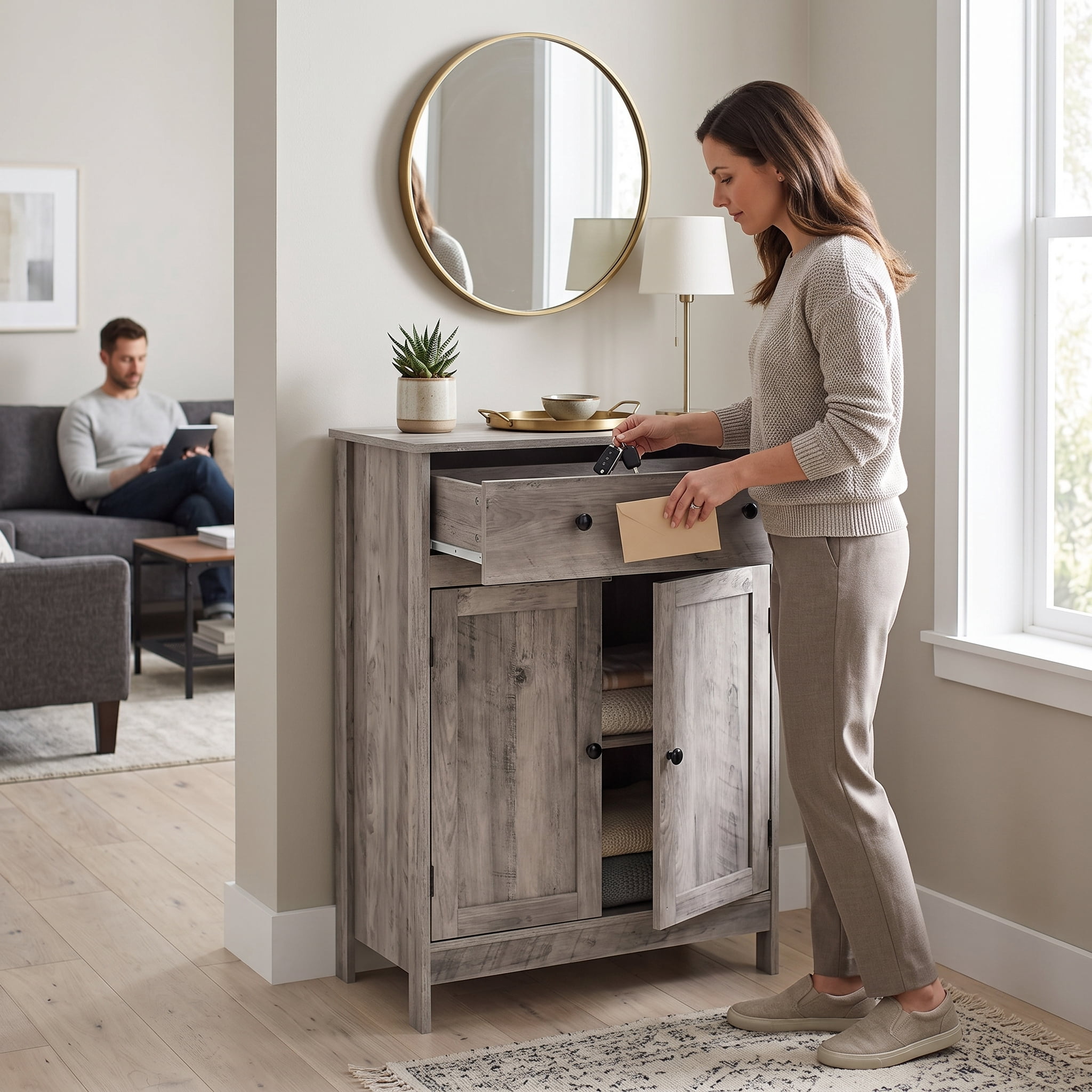 Elegant Washed Grey Bathroom Storage Cabinet Double Door Single Drawer Triple Melamine Laminate Particle Board for Bathroom Powder Room Apartment Vanity Side