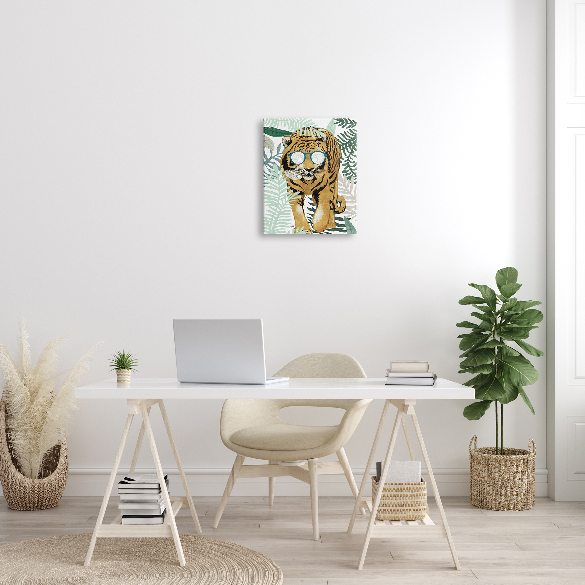 Stupell Industries Funny Tiger Wearing Glasses Green Fern Leaf Plants, 16 x 20, Designed by Elizabeth Medley