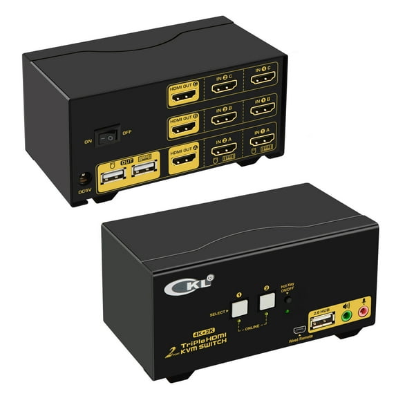 CKL 2 Port HDMI KVM Switch Triple Monitor for 2 Computers 3 monitors 4K 30Hz with Cables CKL-923HUA
