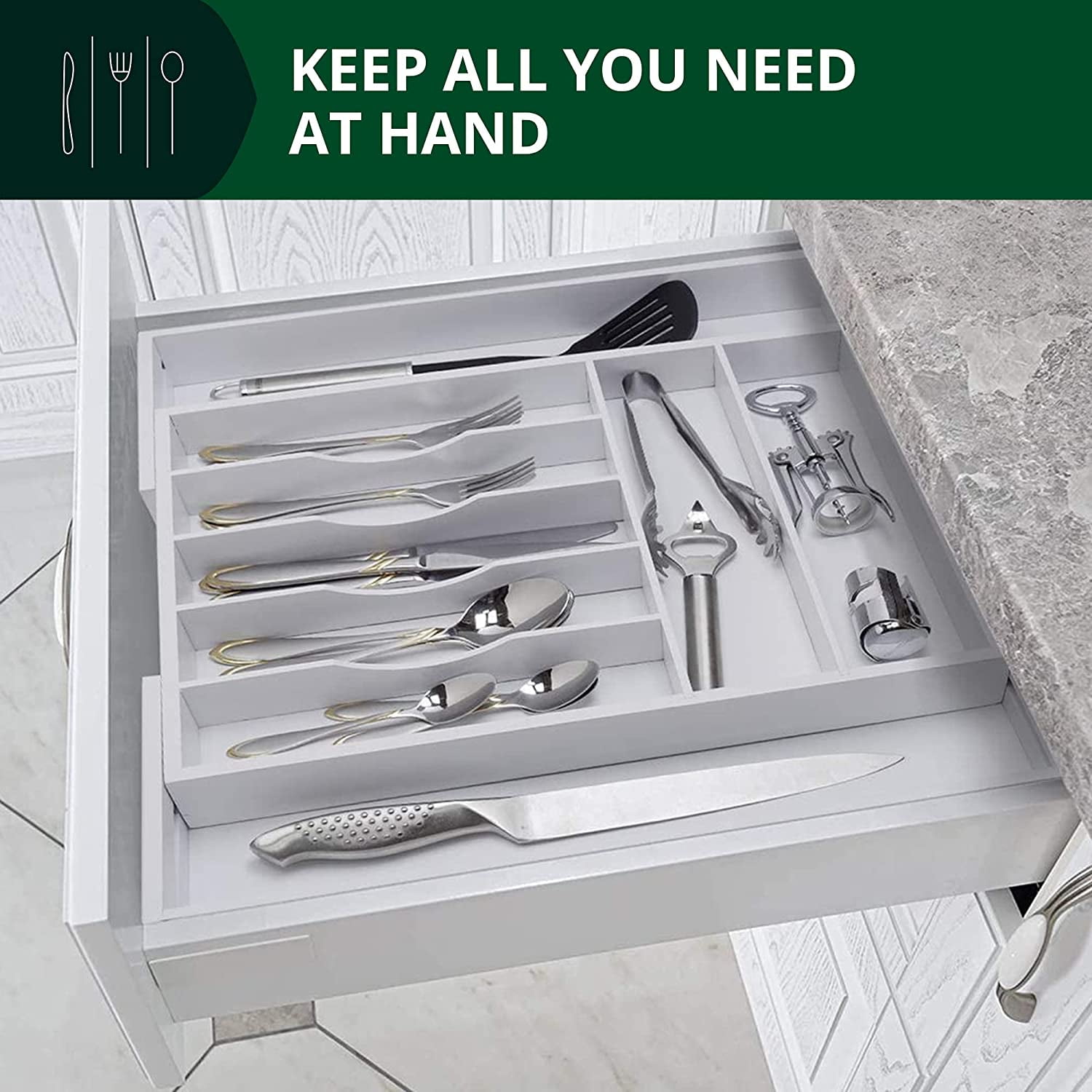 Bamboo Kitchen Drawer Organizer - Expandable Silverware Organizer/Utensil Holder and Cutlery Tray with Grooved Drawer Dividers for Flatware and Kitchen Utensils (9 Slots, White)