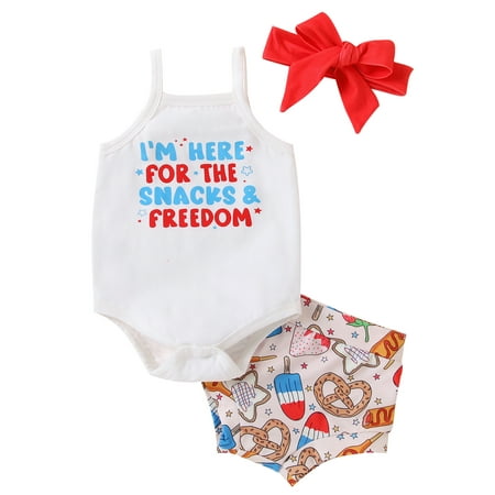 

Baby Girls 3Pcs Summer Outfits Sleeveless Romper + Dessert Shorts + Headband Set