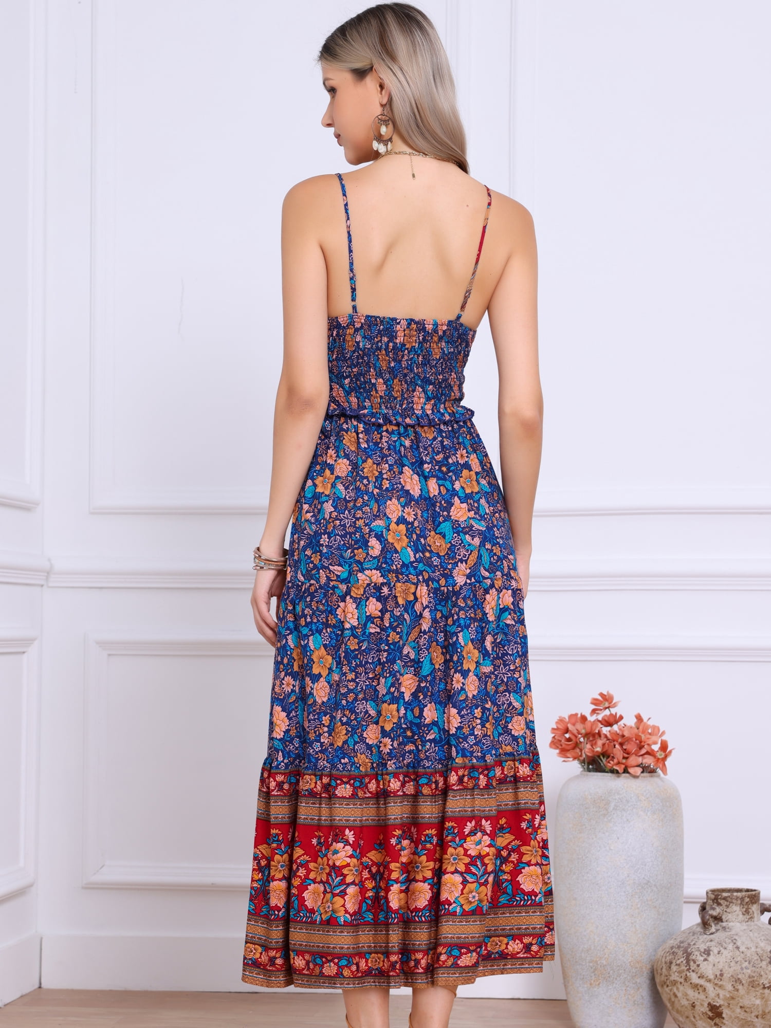 DARING DIVA Women's Boho Floral Spaghetti Strap A Line Maxi Dresses L Red Blue