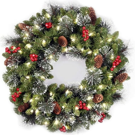 Artificial Christmas wreath, green, Clearwood spruce, white light, decorated pine cones, berry clusters, frost branches, Christmas collection, 24 inches