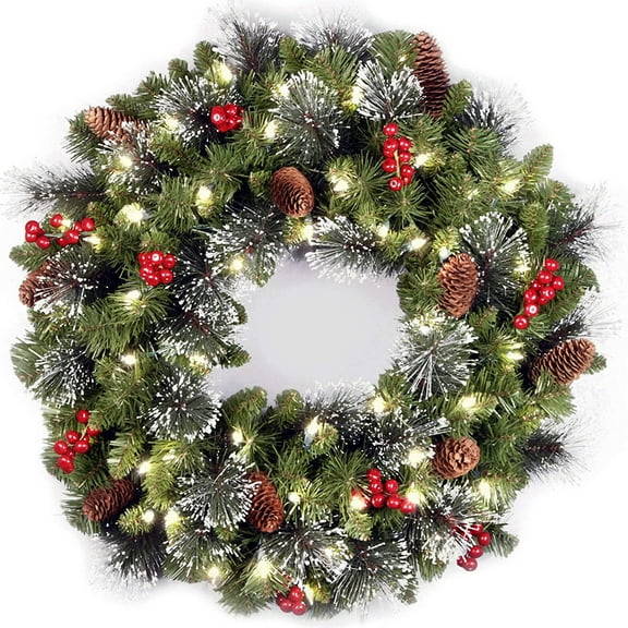 Artificial Christmas wreath, green, Clearwood spruce, white light, decorated pine cones, berry clusters, frost branches, Christmas collection, 24 inches