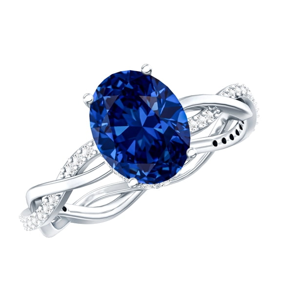 Rosec Jewels Oval Cut Lab Created Blue Sapphire Solitaire Ring with Diamond - 8X10 mm, 925 Sterling Silver, US 4.00