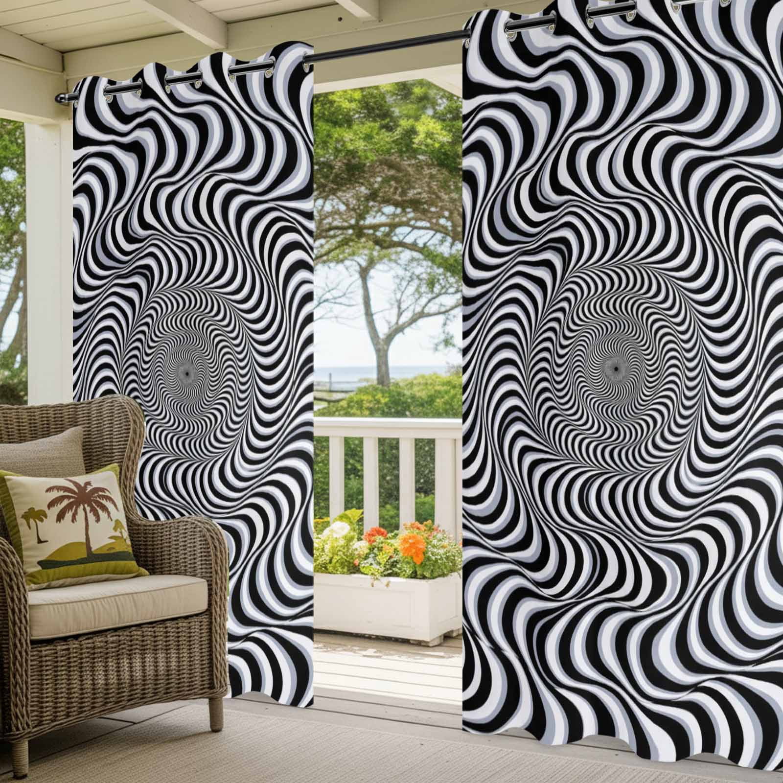 VortexLines Outdoor Curtains for Patio, Modern Abstract Black and White Optical Spiral Dynamic Lines Sunshade Privacy Drapes Grommet Waterproof Outside Curtains for Porch Balcony 54"x108", 1 Panel
