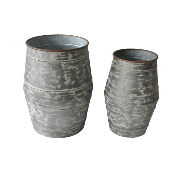 Contemporary Home Living Set of 2 Gray and White Distressed Finish Barrel Planters 22"
