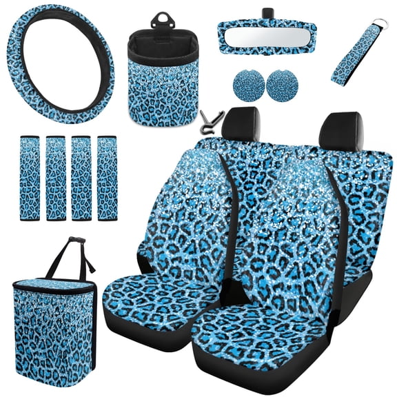 Yuyamidu Blue Leopard Print Car Seat Cover 15 Pack Front Back Seat Cover with Steering Wheel Cover Seatbelt Strap Pad Trash Can Car Vent Organizer Cup Holders Rearview Mirror Cover Keychain