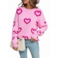 thumbnail image 2 of Womens Fall Sweaters Heart Print Long Sleeve Crew Neck Striped Pullover Loose Knitted Jumper 2025 Pink XL, 2 of 9