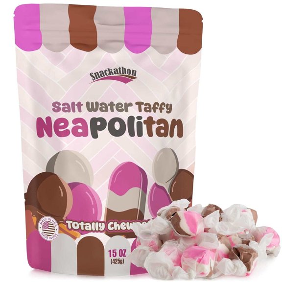Snackathon Salt Water Taffy Single Flavor, Neapolitan, Bulk Individually Wrapped Gourmet Candy, Soft & Chewy Sweet Treats, 15 oz Resealable Bag