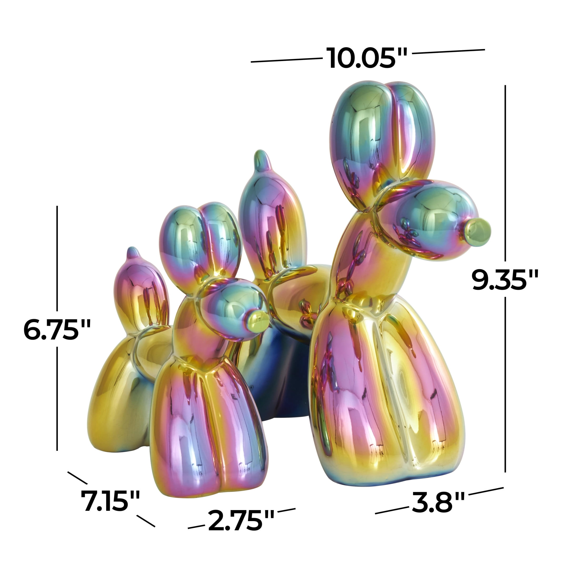 9", 7"H Multi Colored Ceramic Balloon Dog Sculpture with Rainbow Shimmer Finish, by DecMode (2 Count)