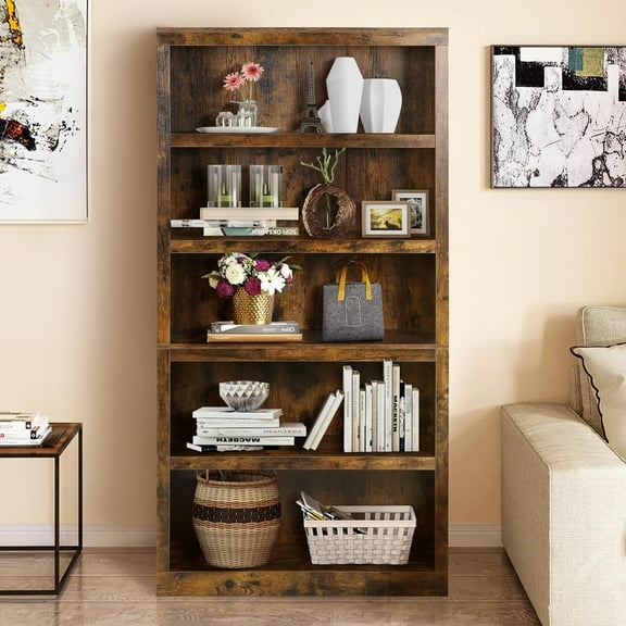 Dkelincs 5 Tier Wood Bookshelf 70" Tall Bookcase Storage Shelves Organizer for Living Room, Brown