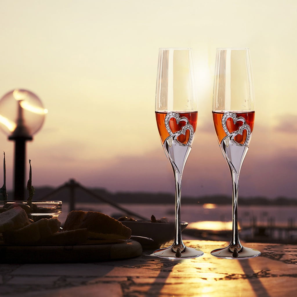 ZUARFY Wedding Wine Glasses Handmade Bride And Groom Toasting Flutes Wedding Accessories Valentine's Day Gift,Gold Hearts