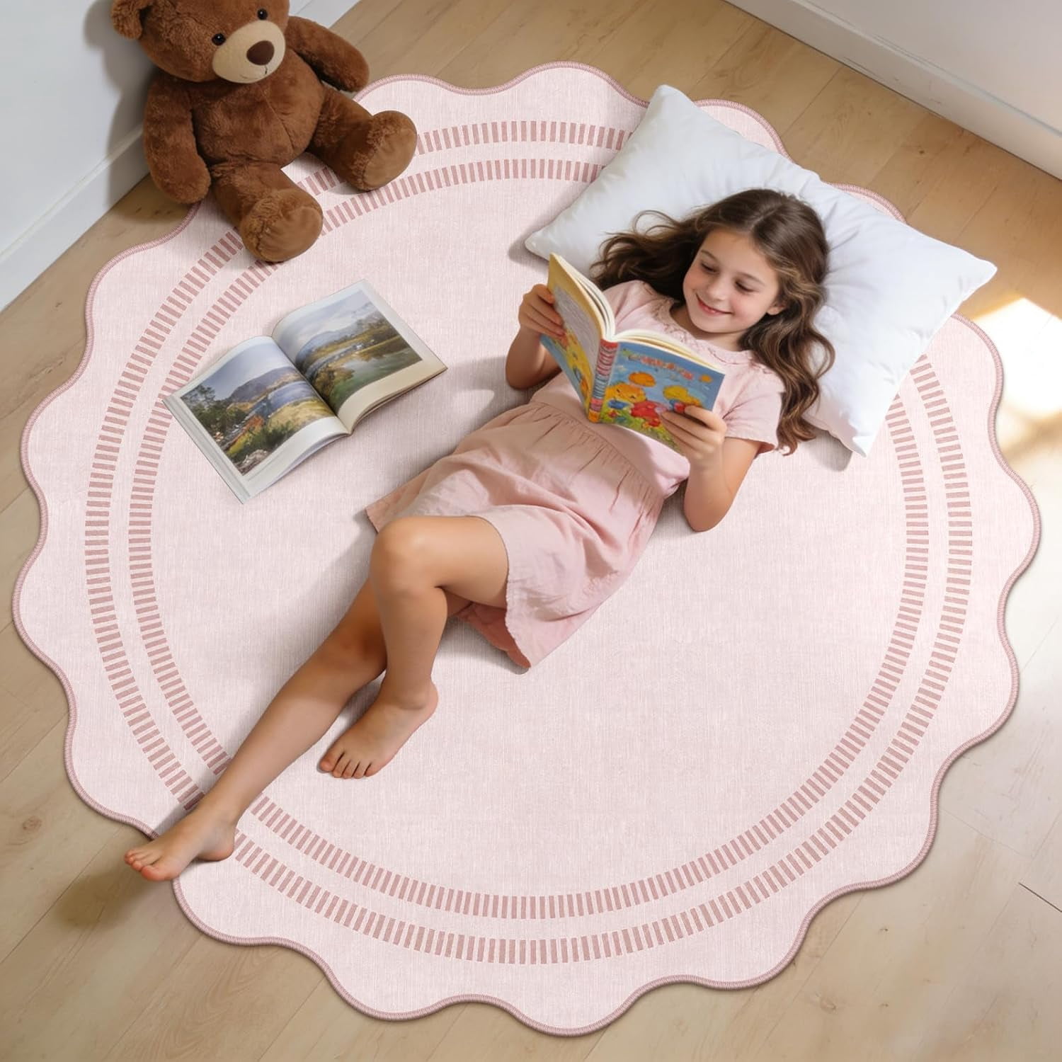 Washable 5ft Area Rugs for Living Room, Solid Pink Non Slip Rugs for Bedroom Girls, Stain Resistant Scalloped Soft Carpet for Nursery Dorm Dining Room