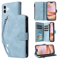 for iPhone 16 Multifunctional Case Wallet with Card Slots, Premium Soft PU Leather Zipper Folio Flip with Crossbody Strap Kickstand Zipper Phone Cover for iPhone 16, Lightblue
