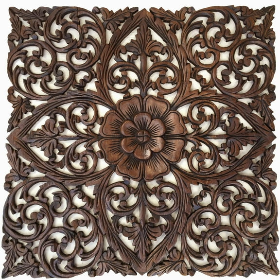 Oriental Hand Carved Wood Wall Plaques. Decorative Thai Wall Relief Panel Sculpture. Dark Brown 24"x24"x0.5"