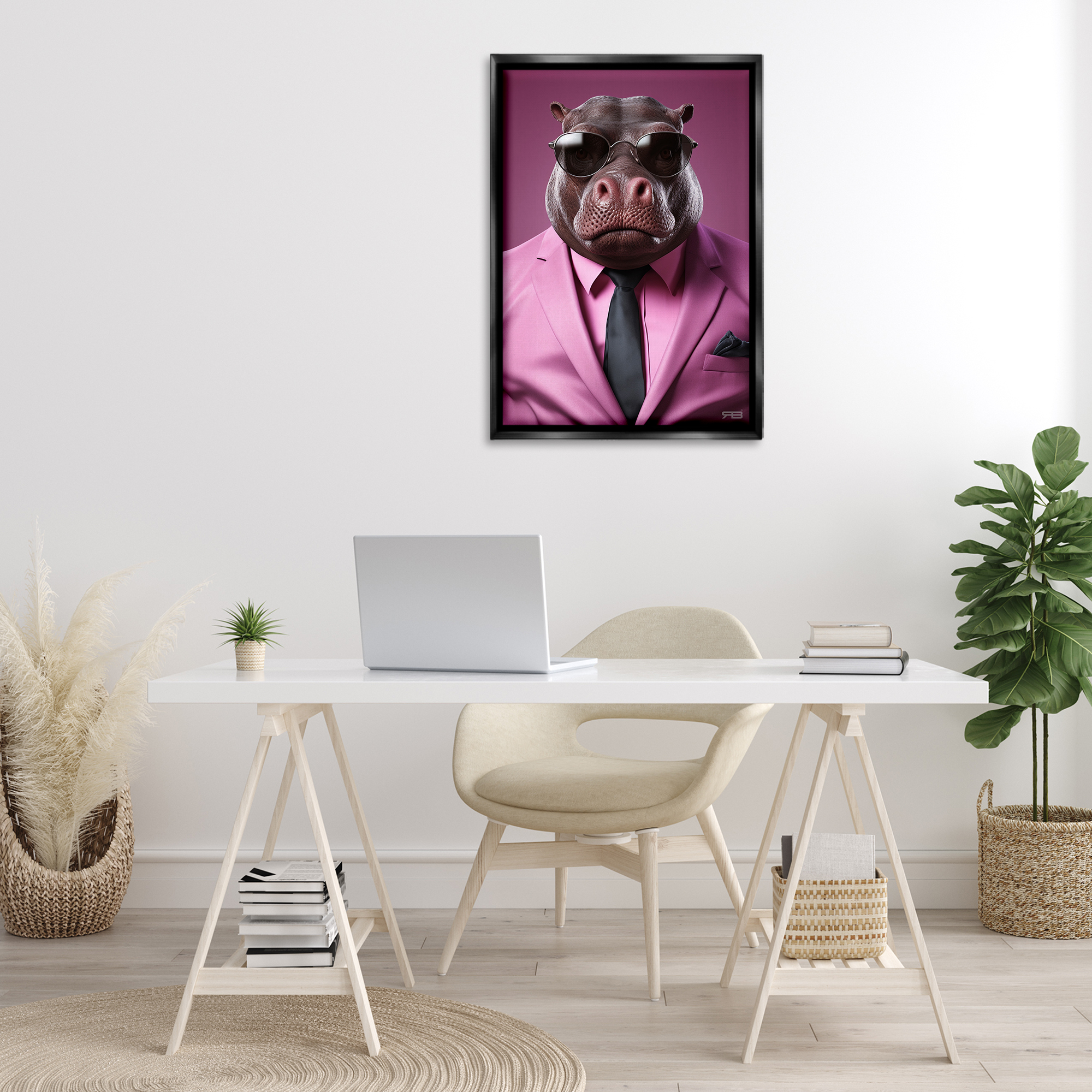 Stupell Industries Strong Hippo Purple Suit Animals & Insects Painting Black Floater Framed Canvas Art Print Wall Art, 21 x 31