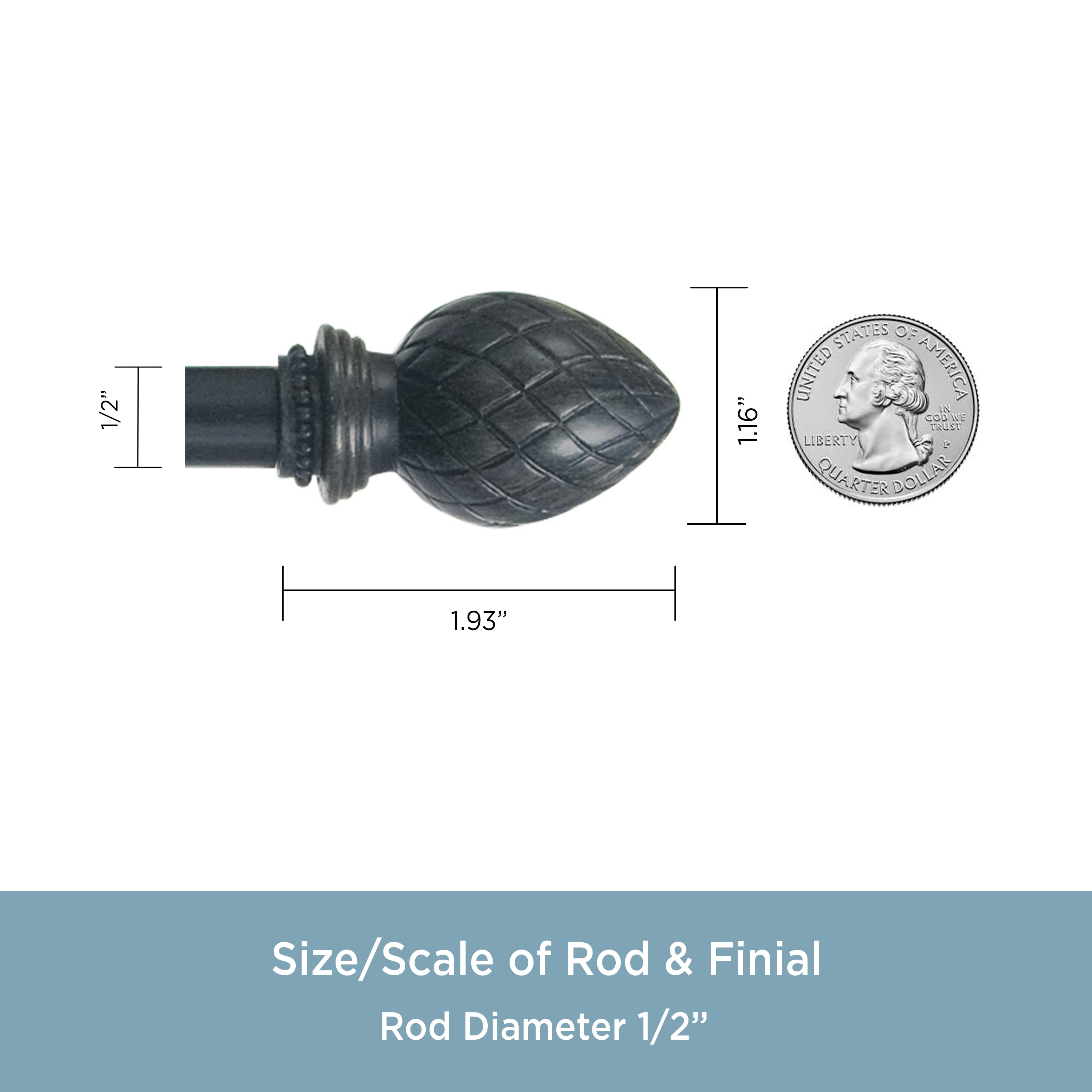 Kenney Pineapple 28-48" Petite Café Adjustable Curtain Rod, 1/2" Dia., Slate Grey