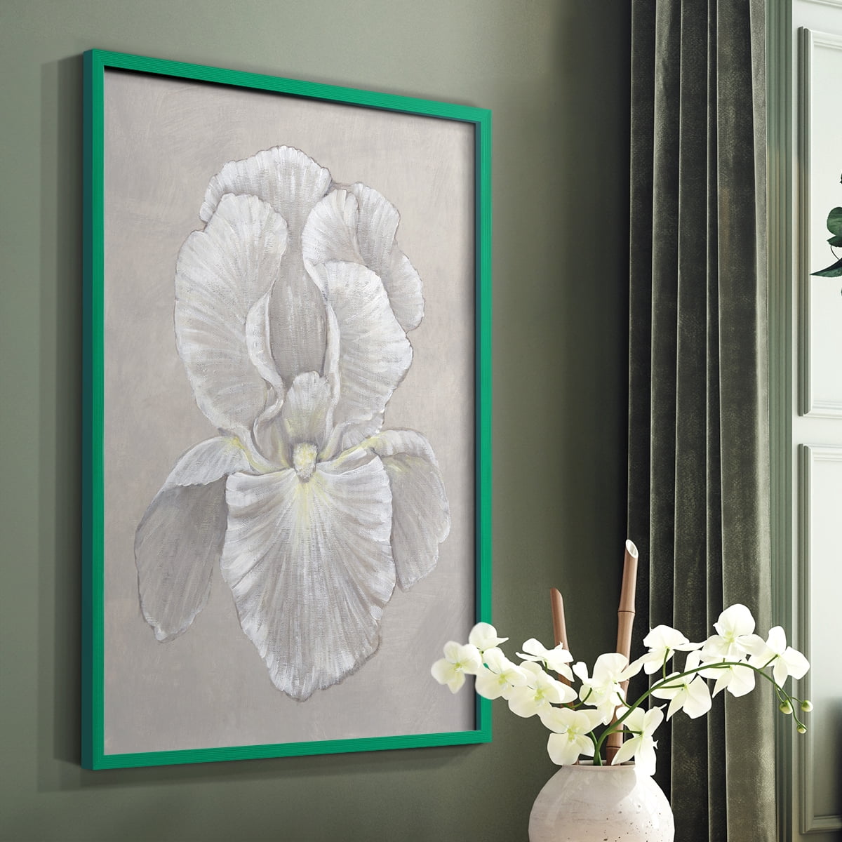 White Iris II Framed Print in Green Solid Wood 11 x 14 Framed Print