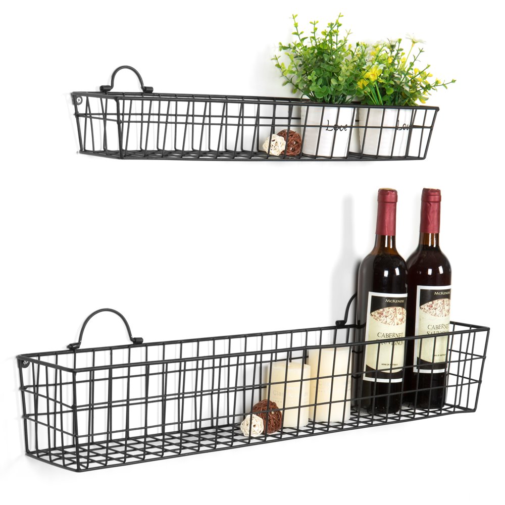 Set of 2 Country Rustic WallMounted Black Metal Mesh Storage Baskets