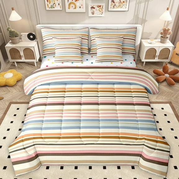 Manfei Colorful Lines 7-Piece Twin Bedding Sets,Modern Geometric Art Bedding Comforter Set,Stripes Print Sheet Sets For Adults,Microfiber Bedroom Decor Reversible