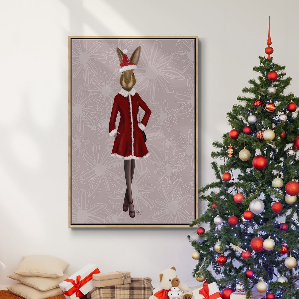 Christmas Christmas Fashion Bunny - Framed Gallery Wrapped Holiday Canvas - 17 x 25 - Natural Wood Frame