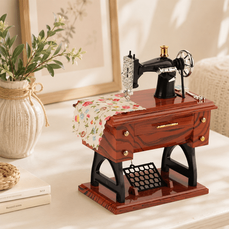 Vintage Mini Sewing Machine Music Box, Hand Crank Musical Box, Desk Decor, Collectible Gift for Women, Mother, Her (6.3x5.2x3.1in)