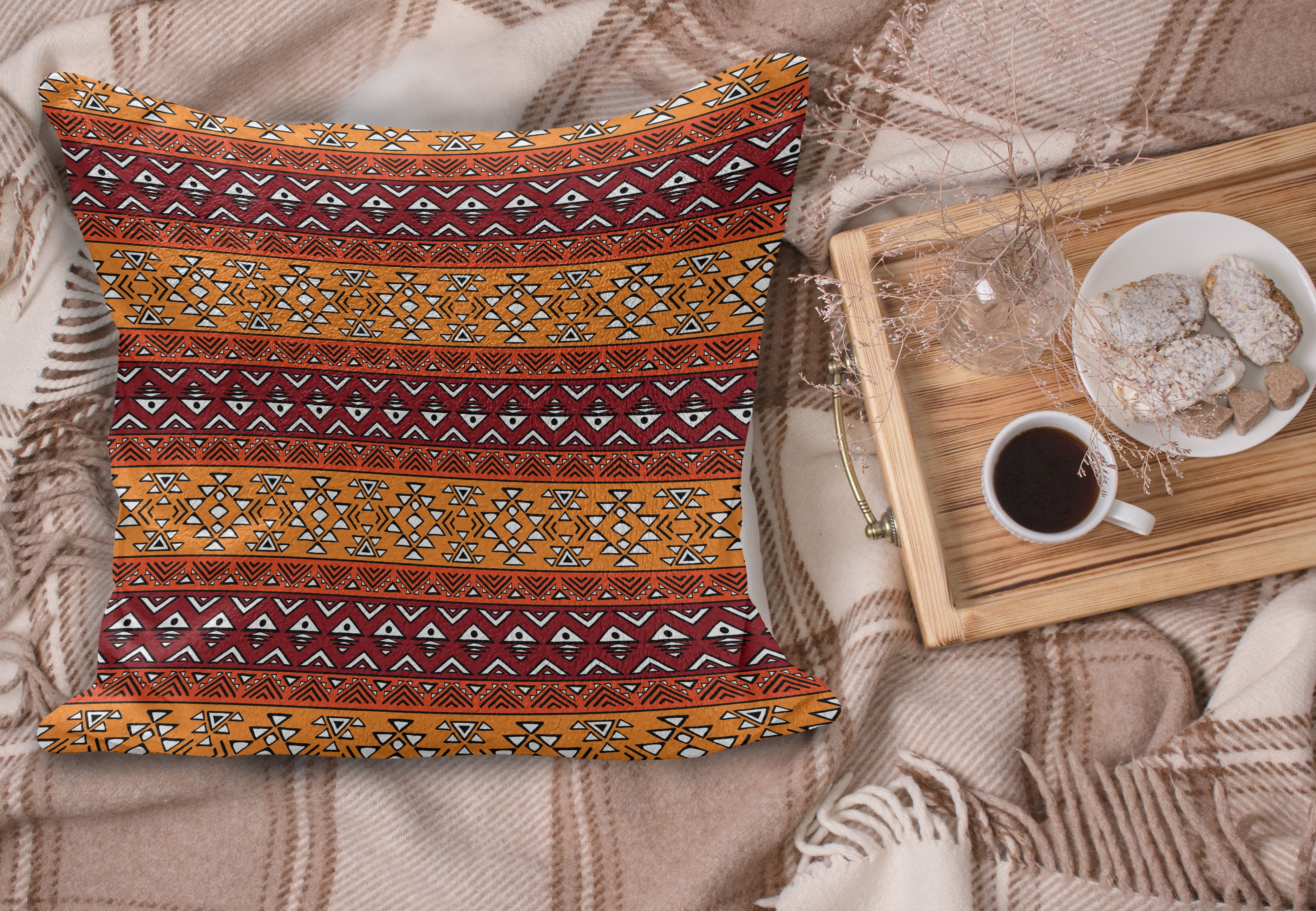 Tribal Fluffy Throw Pillow Cushion Cover, Maya Inspired Horizontal