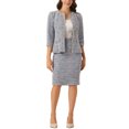 thumbnail image 2 of Conjunto de dos piezas de tweed para mujer INSPIRE CHIC, chaqueta de botones de manga 3/4 y falda lápiz, gris azul M, 2 of 6