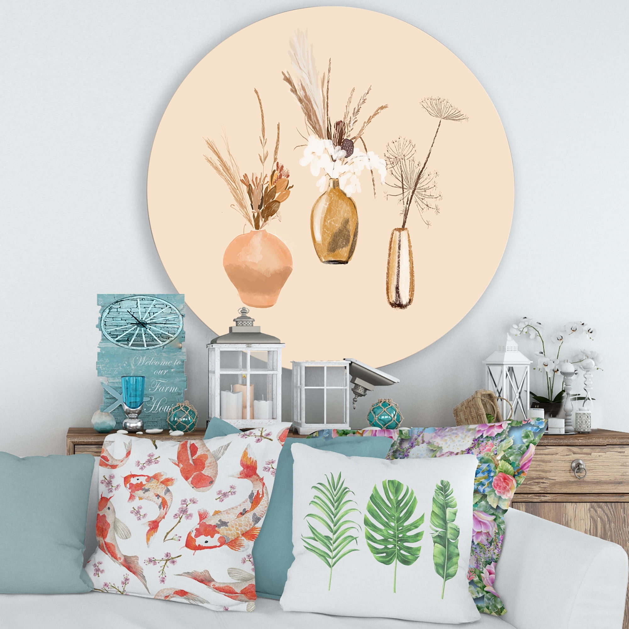 Designart 'Gold Vases With Bouquets Of Wildflowers I' Traditional Circle Metal Wall Art 36x36 - Disc of 36