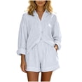 thumbnail image 2 of Cagogo Women's 2 Piece Striped Casual Set V Neck Long Sleeve Top Elastic Waisted Shorts Summer Outfits Lounge Travel Clothes Matching Two Piece, White S, 2 of 5