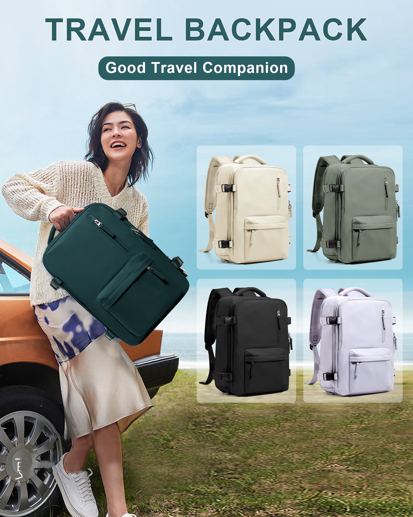 Women's Large Travel Backpack, Travel Backpack, Hiking Backpack, Waterproof Outdoor Sporty, Casual School Backpack, 14 Inch Laptop with USB Charging Port, Shoe Compartment