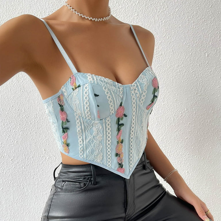 RYRJJ On Clearance Womens Sexy Bustier Corset Top Y2K Eyelet Lace Floral  Print Push Up Crop Tops Vintage Tank Top Going Out Party Clubwear  Bodice(Light Blue,M) 
