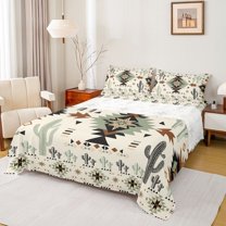 Homewish Vintage Western Aztec Queen Sheet Sets for Adult, Hippie Cactus Plant Flat Sheet, Rustic Farmhouse Queen Fitted Sheet, Breathable Home Decor, 4pcs